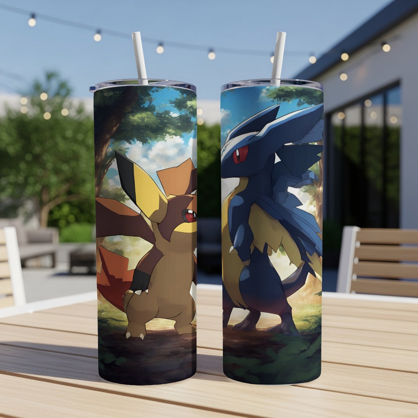 Two Pokemon characters, Fennekin and a dragon-like Pokemon, on a tumbler.