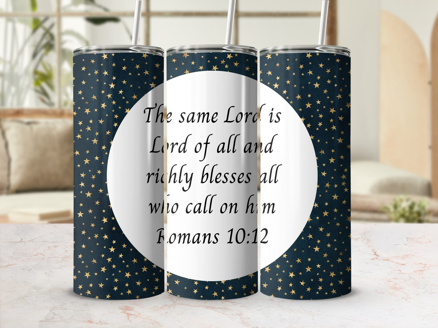 Inspirational Romans 10:12 Stars Design Tumbler