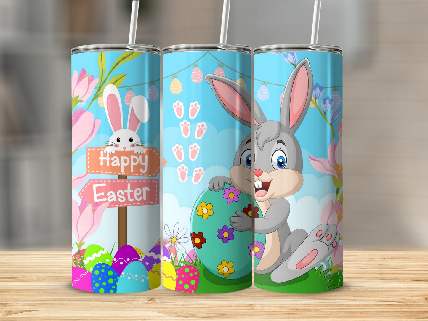 Happy Easter Bunny and Eggs Themed Drink Tumblers