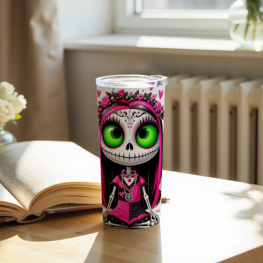 Vibrant Green Eyed Skeleton With Pink Decor Tumbler
