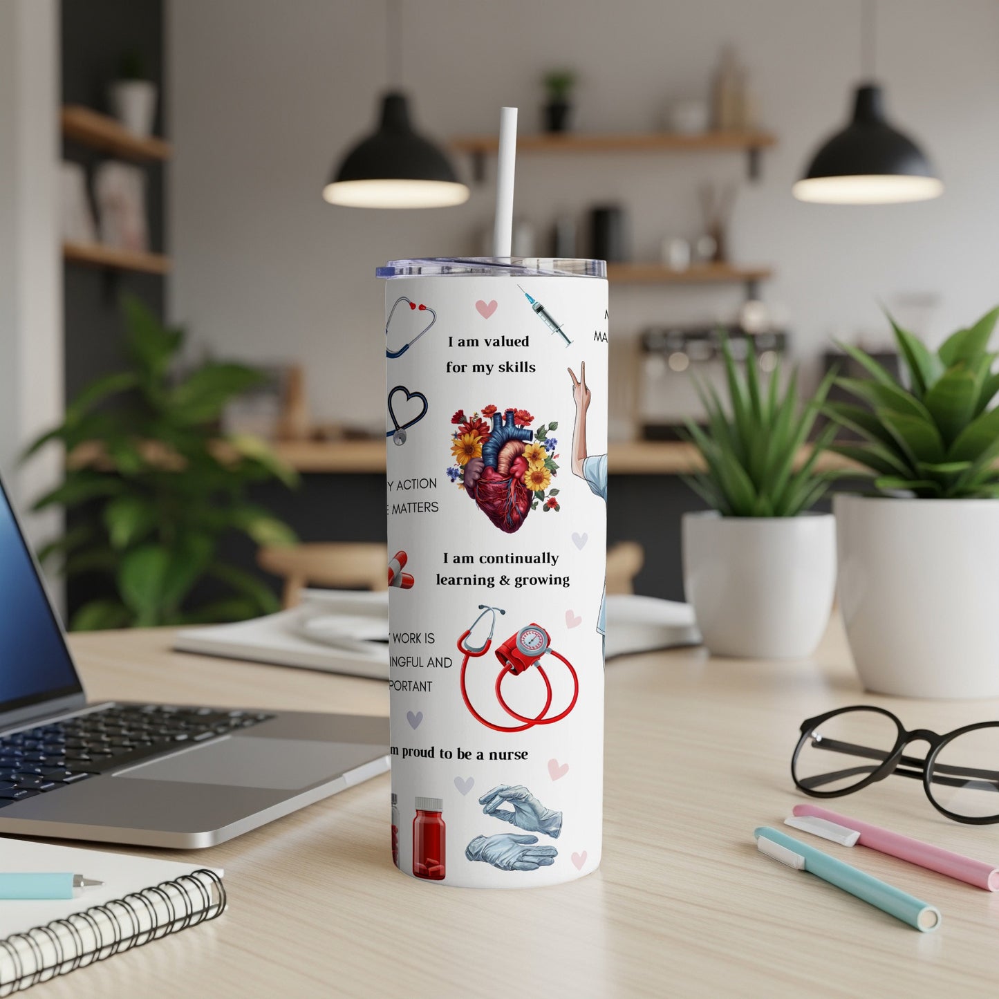 Tumbler with medical icons and inspirational text about nursing.