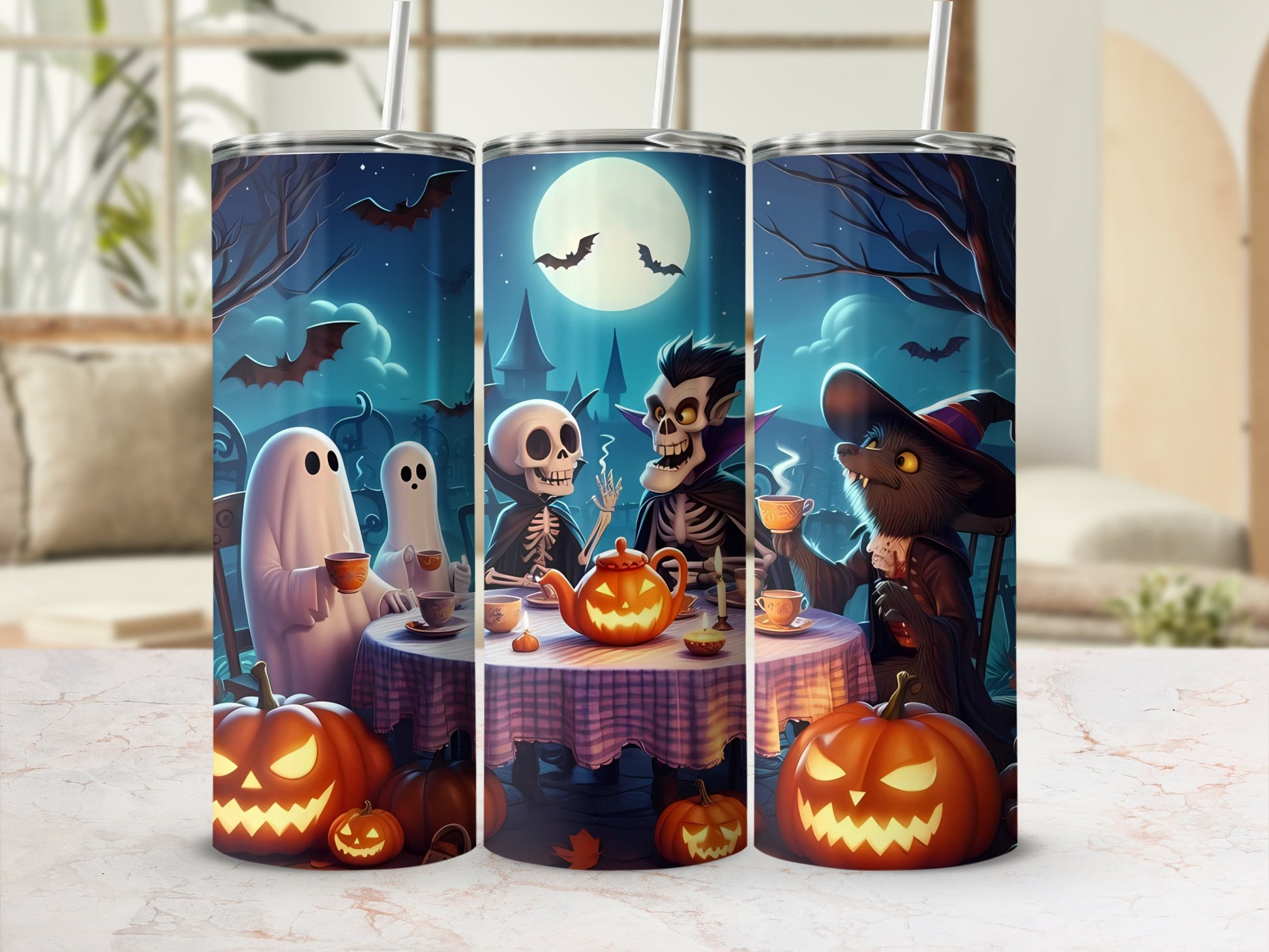 Halloween tumblers featuring ghosts, skeletons, vampire, and wolf characters around a tea table.