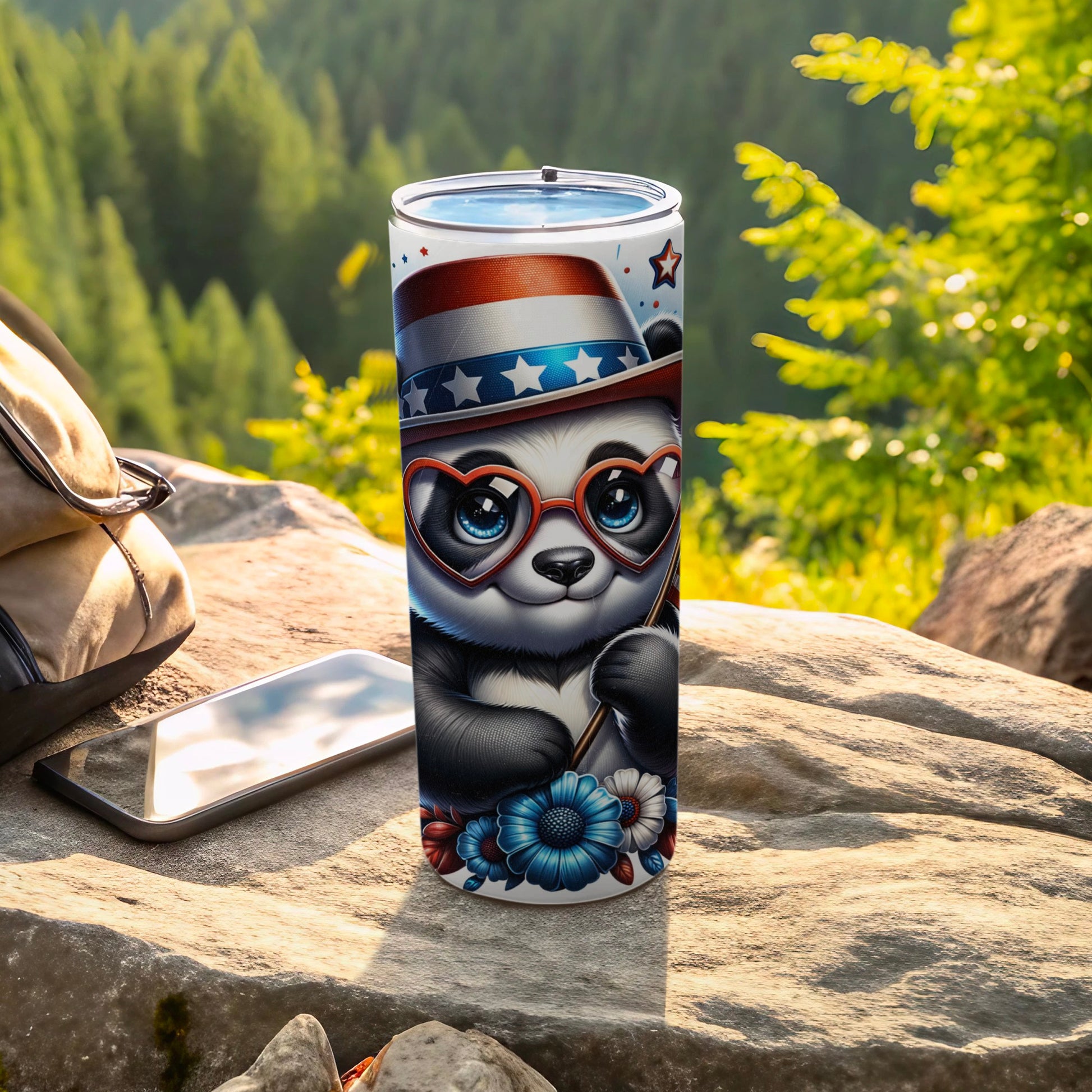 Panda in patriotic hat and heart glasses holding a flower.