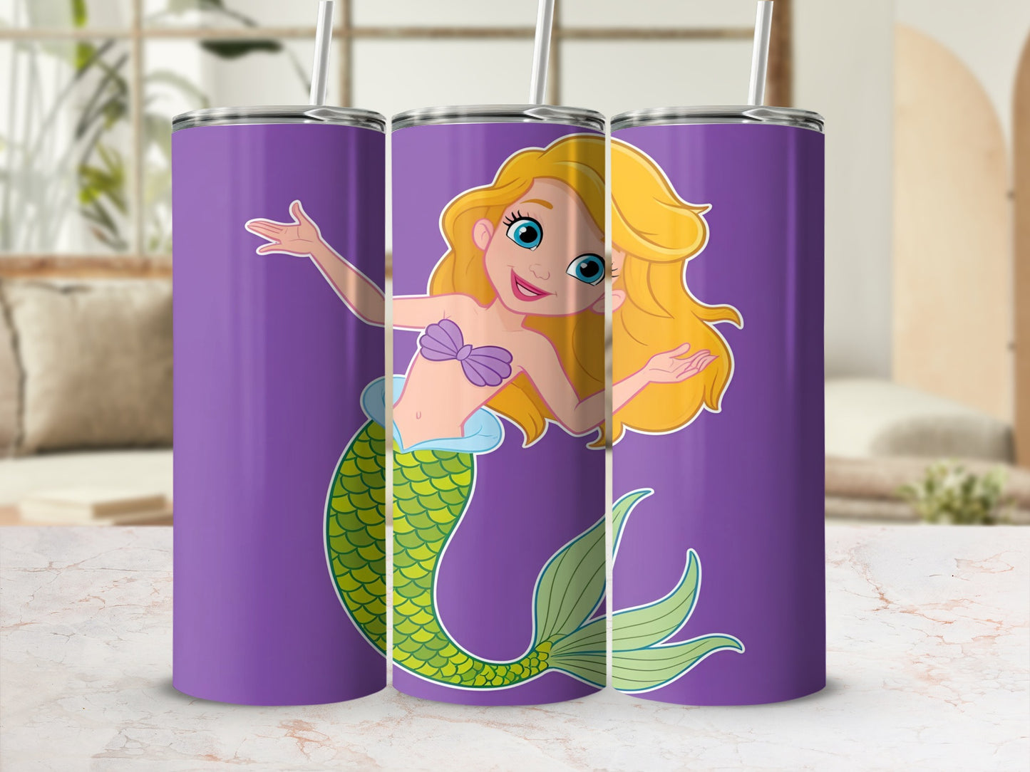 Cartoon blonde mermaid with purple top and green tail on a purple tumbler.