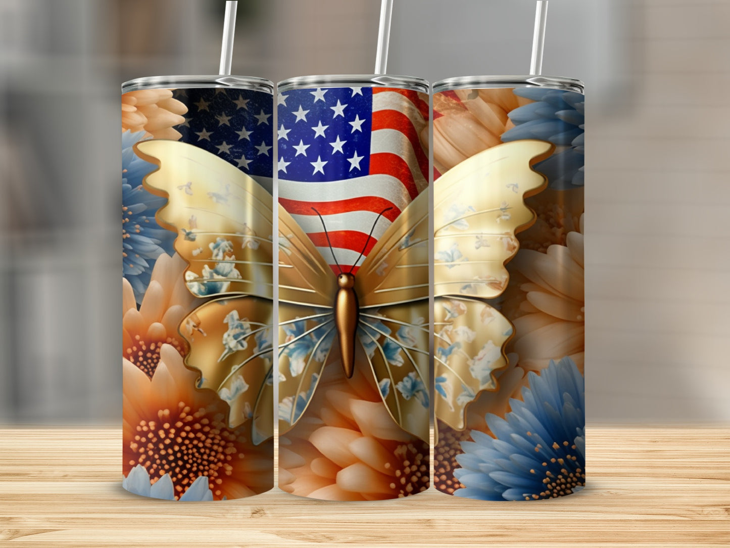 USA flag butterfly with flowers design on a tumbler.