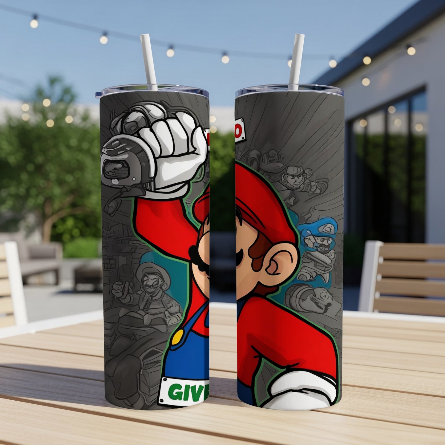 Mario with fist raised, surrounded by game characters on a tumbler.