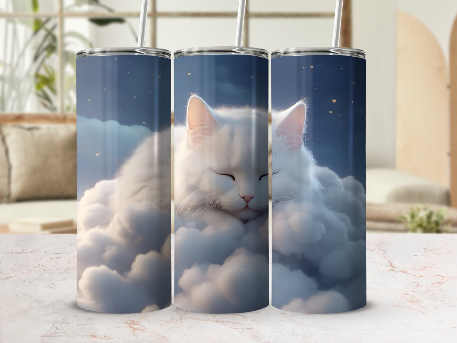 White cat sleeping peacefully on a cloud in a starry night sky.