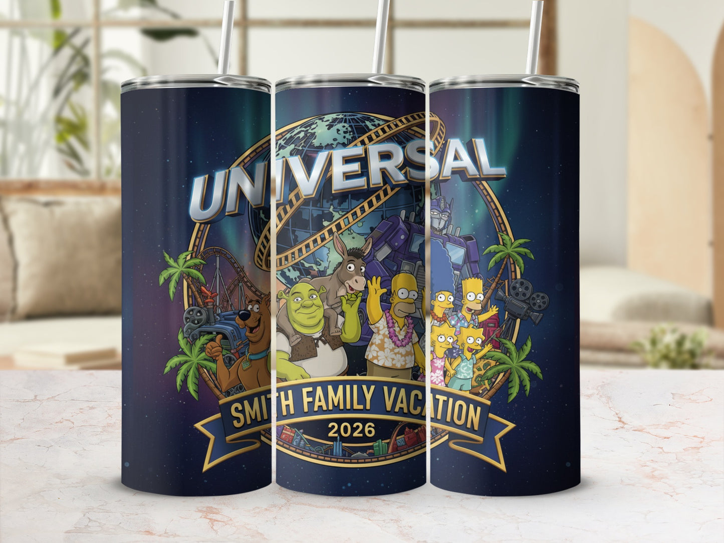 Universal Studios themed tumbler with cartoon characters and "Smith Family Vacation 2026".