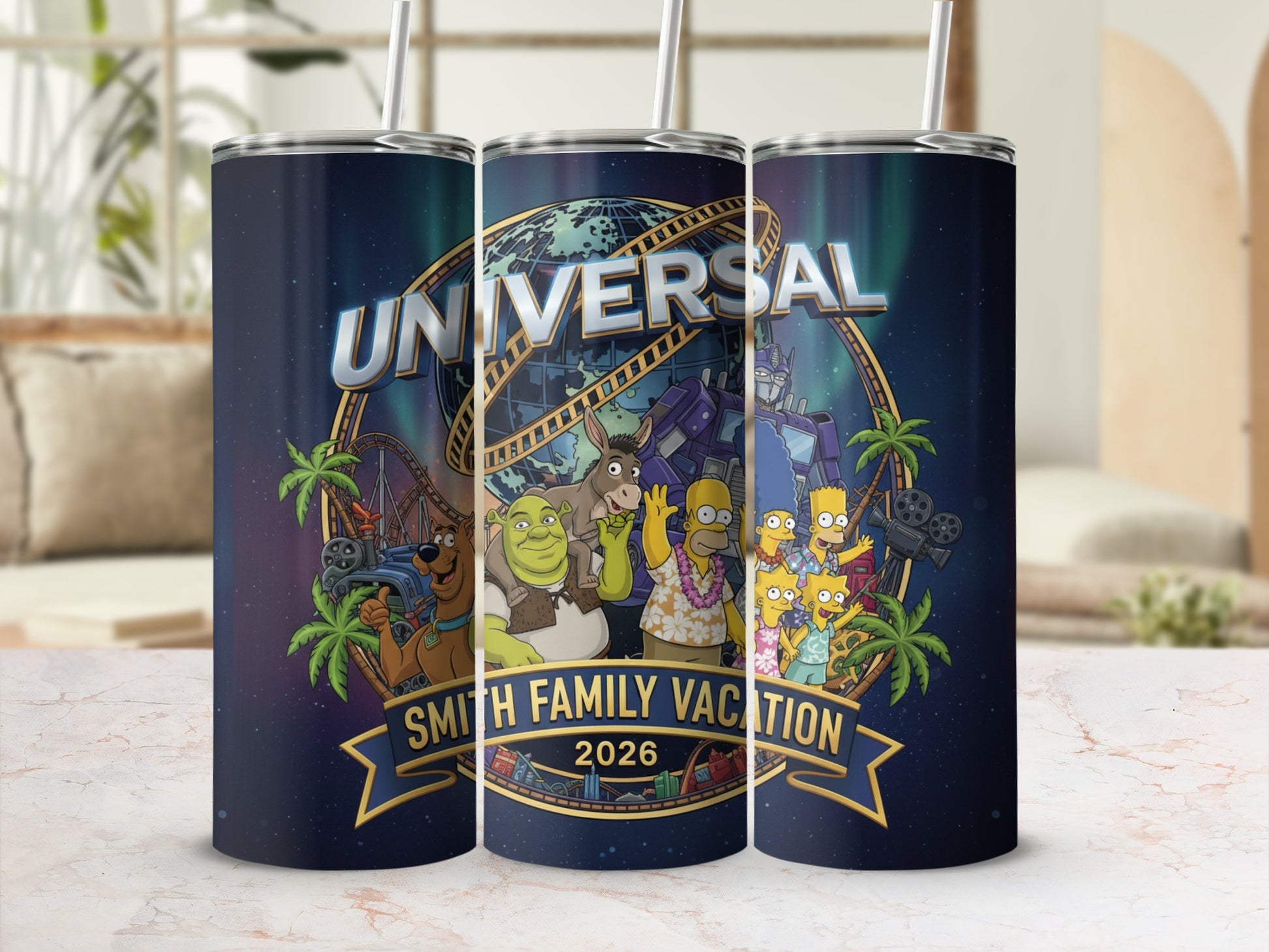 Universal Studios themed tumbler with cartoon characters and "Smith Family Vacation 2026".