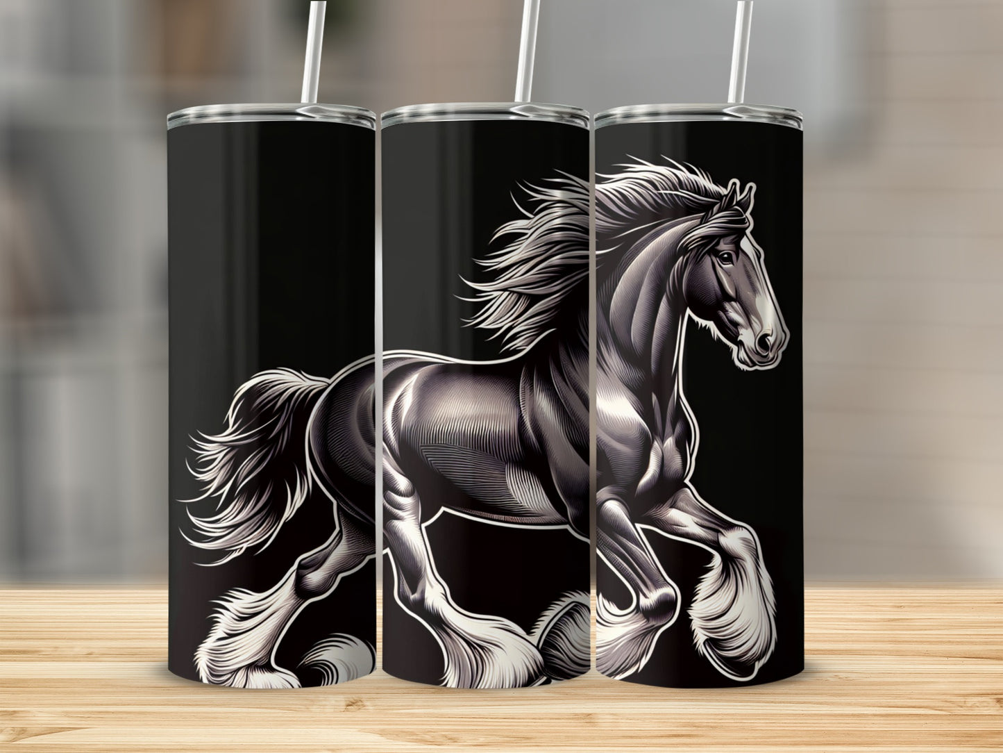 Black and white illustration of a horse on a black tumbler.