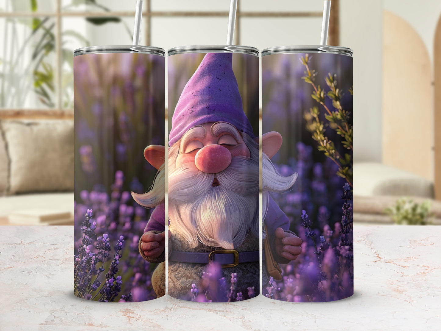 Purple gnome tumbler with lavender field background.