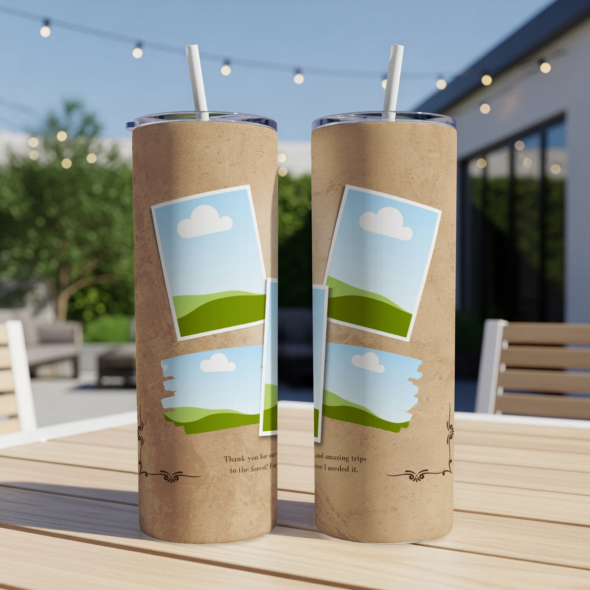Kraft paper tumblers with scenic photos and "Thank you for our and amazing trips" text.