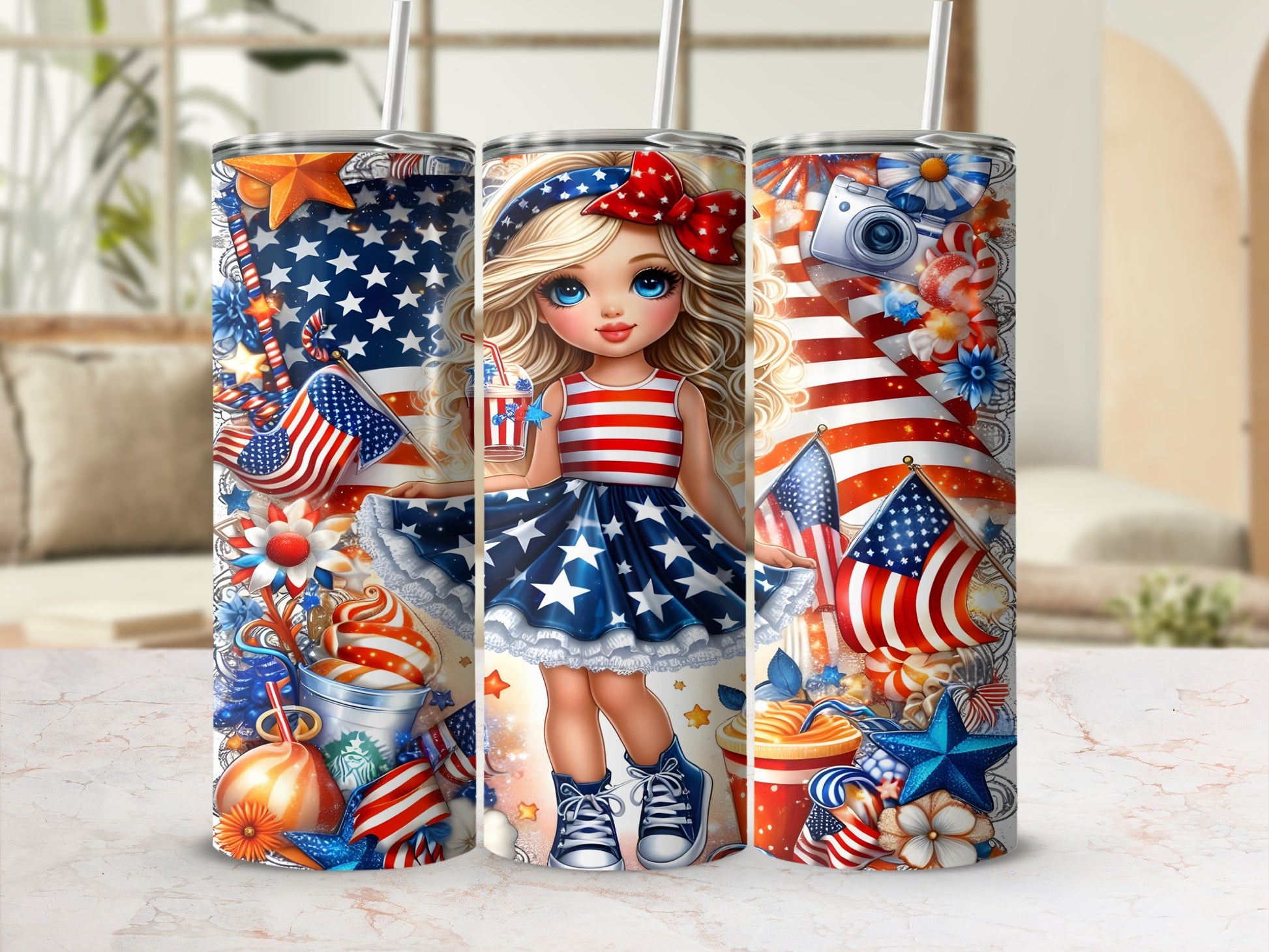 Girl in patriotic dress with stars, stripes, and American flags.
