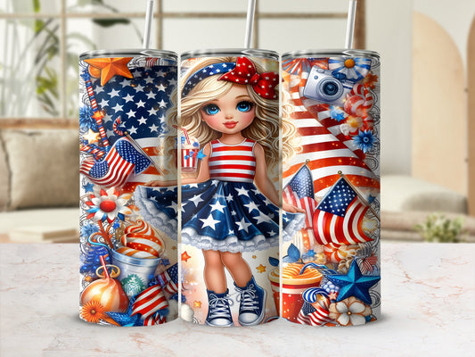 Girl in patriotic dress with stars, stripes, and American flags.