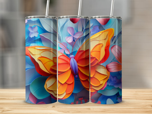 Three tumblers with a colorful butterfly and floral design.