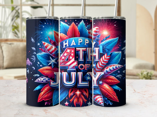 "Happy 4th of July" tumbler with fireworks and patriotic feather designs.