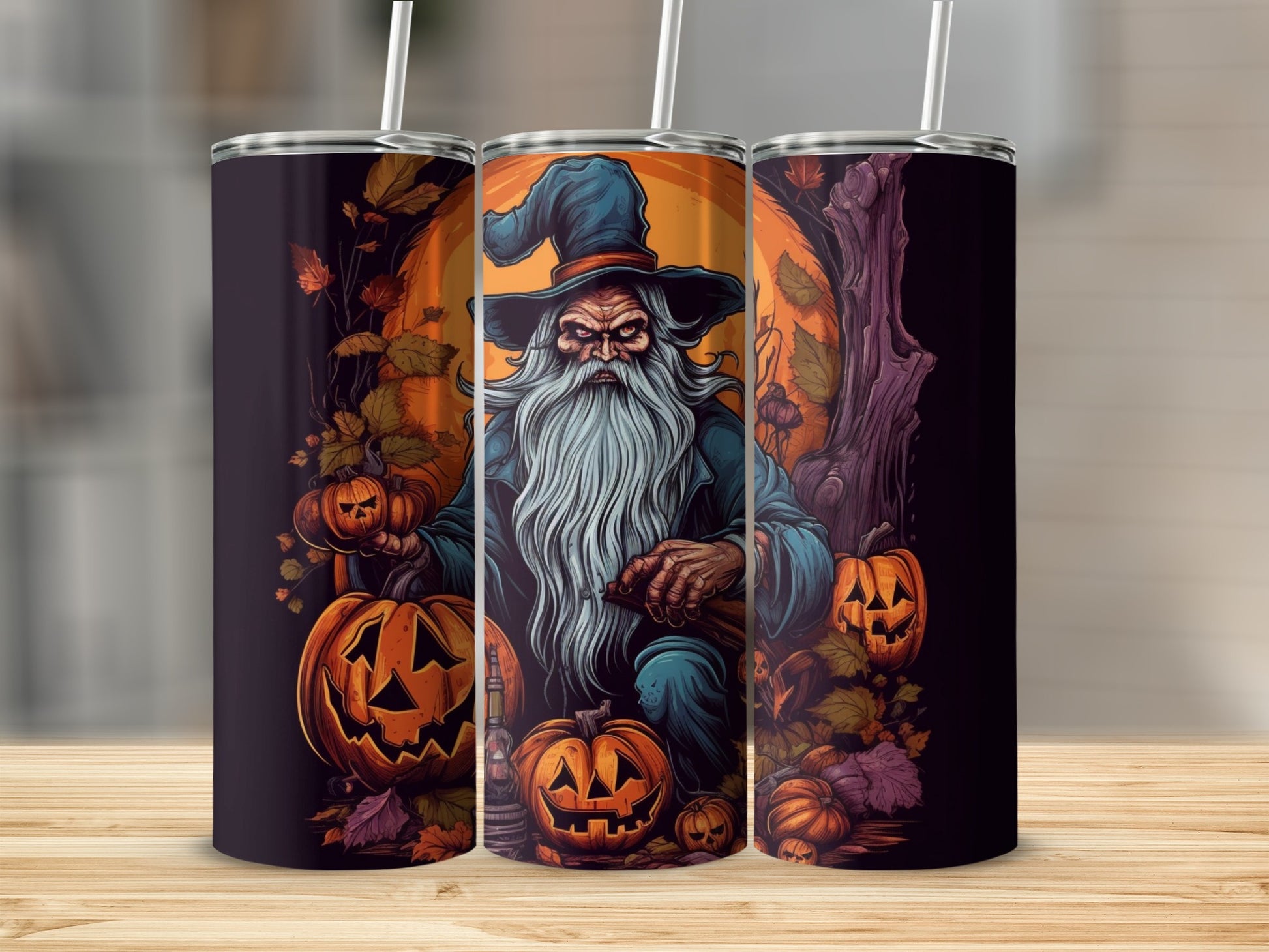 Wizard and Halloween Pumpkin Design Tumbler Cup