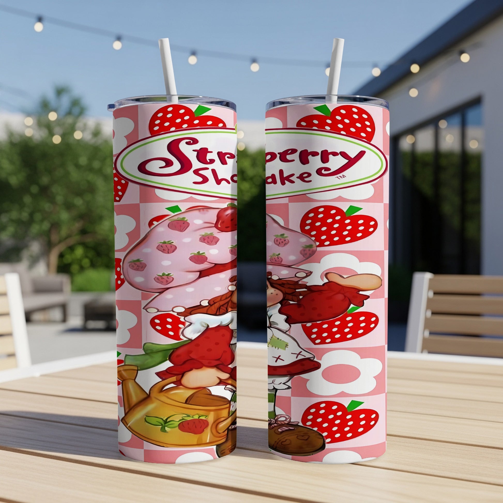 Strawberry Shortcake tumbler with hearts and strawberries pattern.