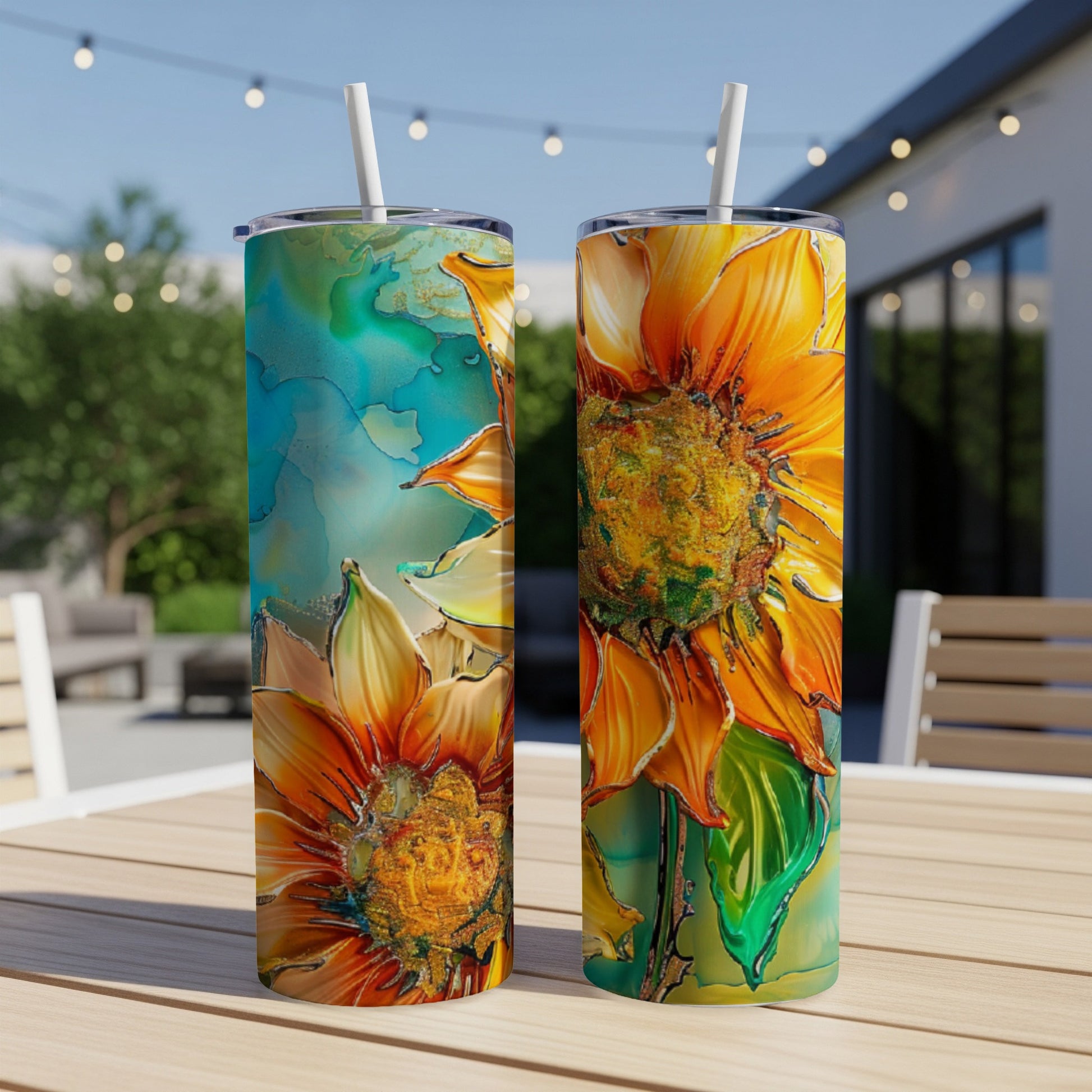 Two tumblers with vibrant sunflower art sit on a wooden table outdoors.