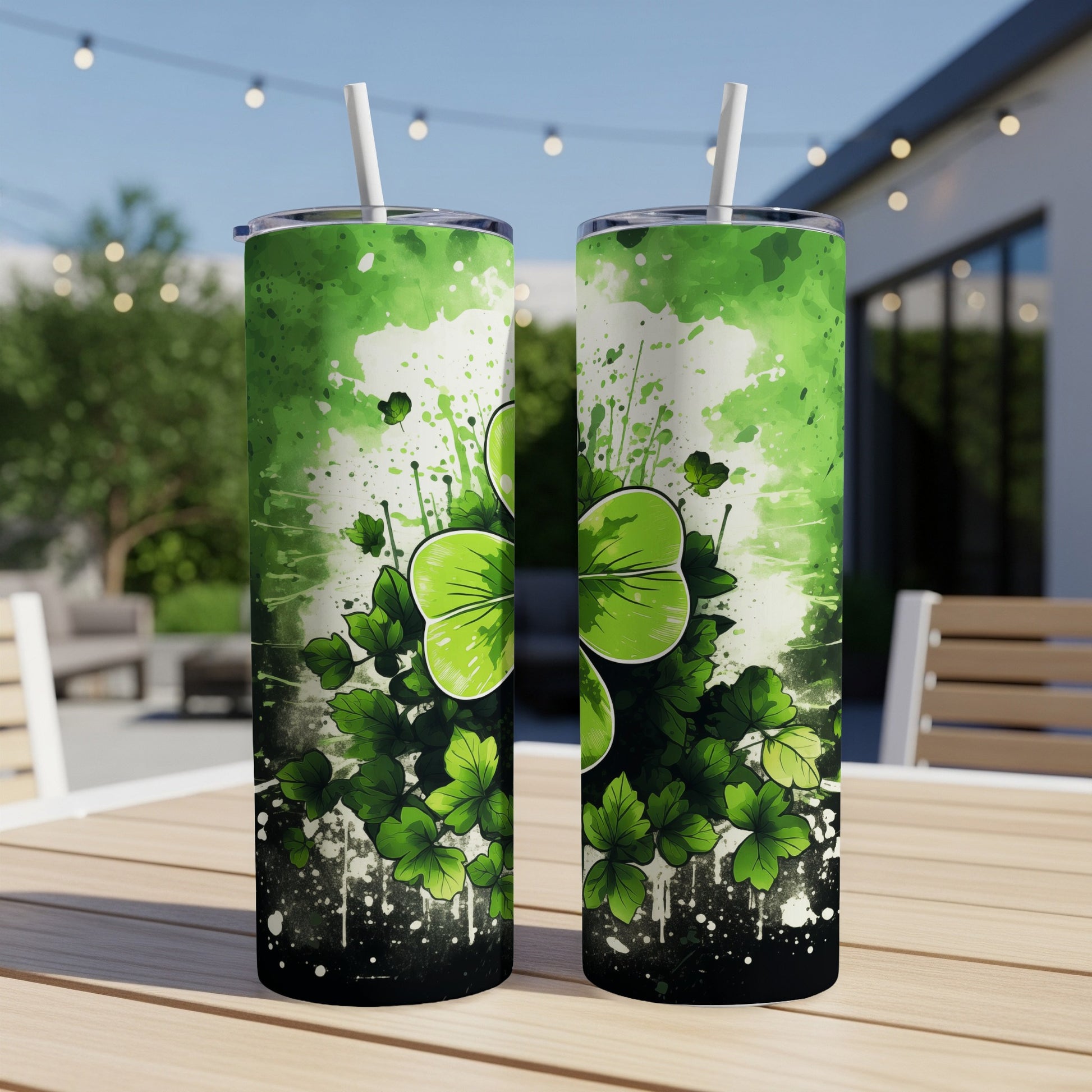 Two tumblers with shamrock and green watercolor design.