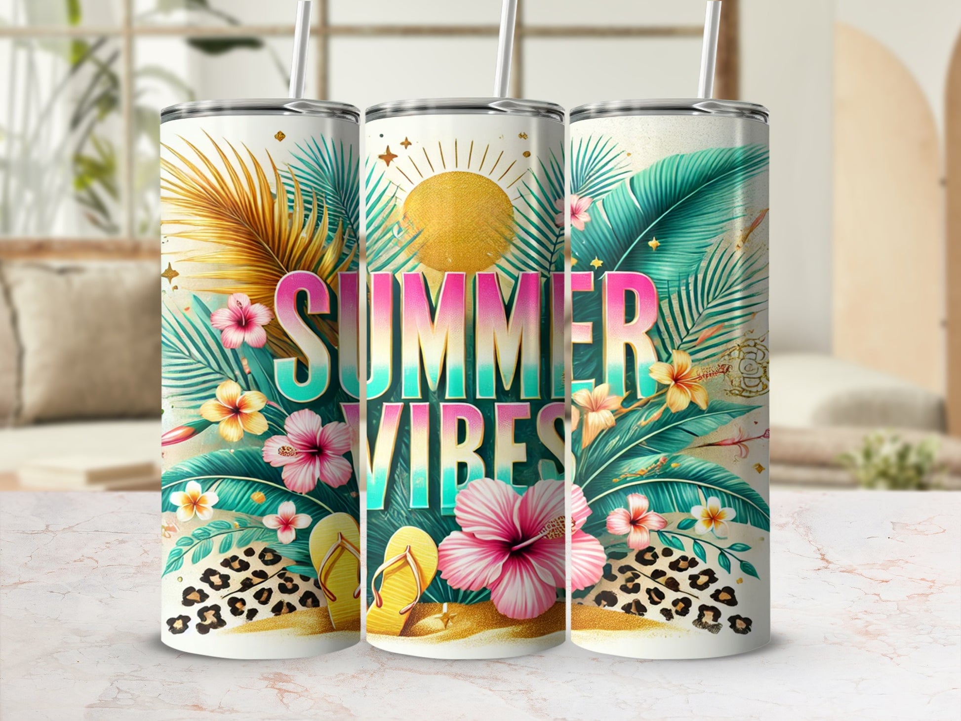 Summer Vibes Tropical Theme Leopard Print Tumbler Cup