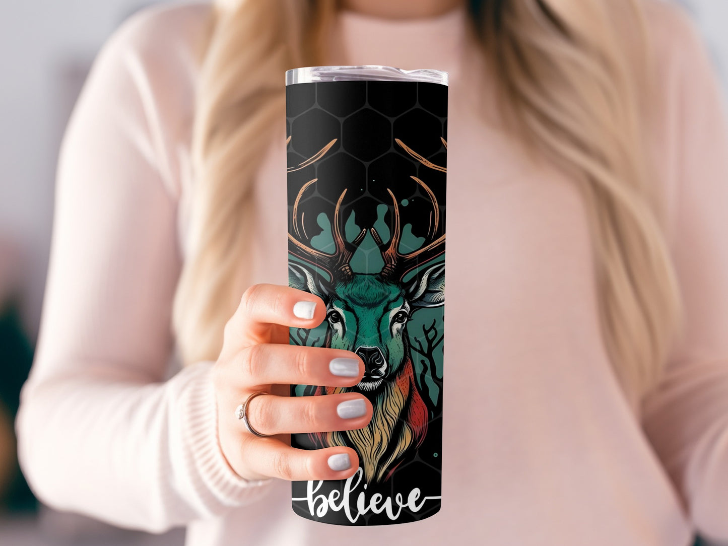Deer with Antlers Believe Graphic Travel Tumbler