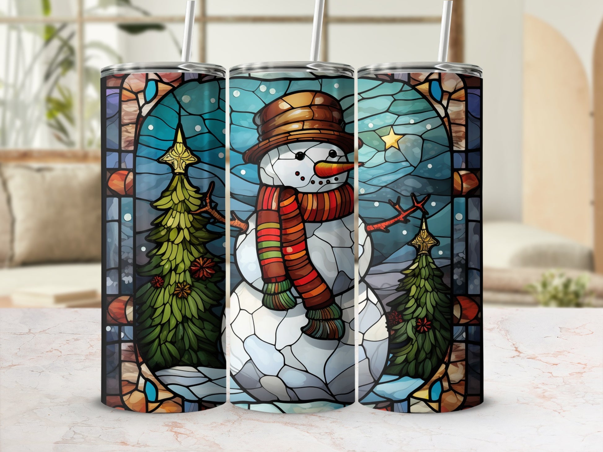 Snowman in stained glass pattern with Christmas trees and stars.