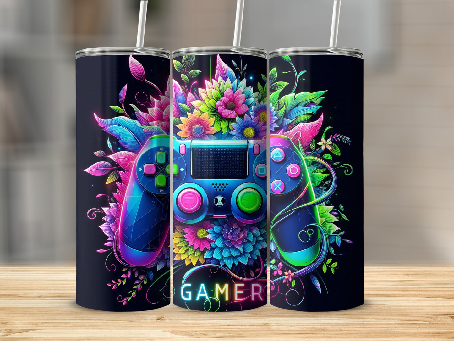 Neon gaming controller with vibrant flowers and the word "GAMER".