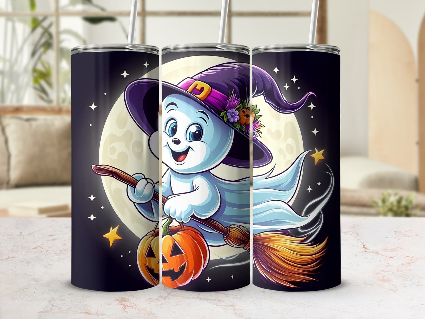 Ghost on a broomstick with pumpkin and full moon Halloween design on tumblers.