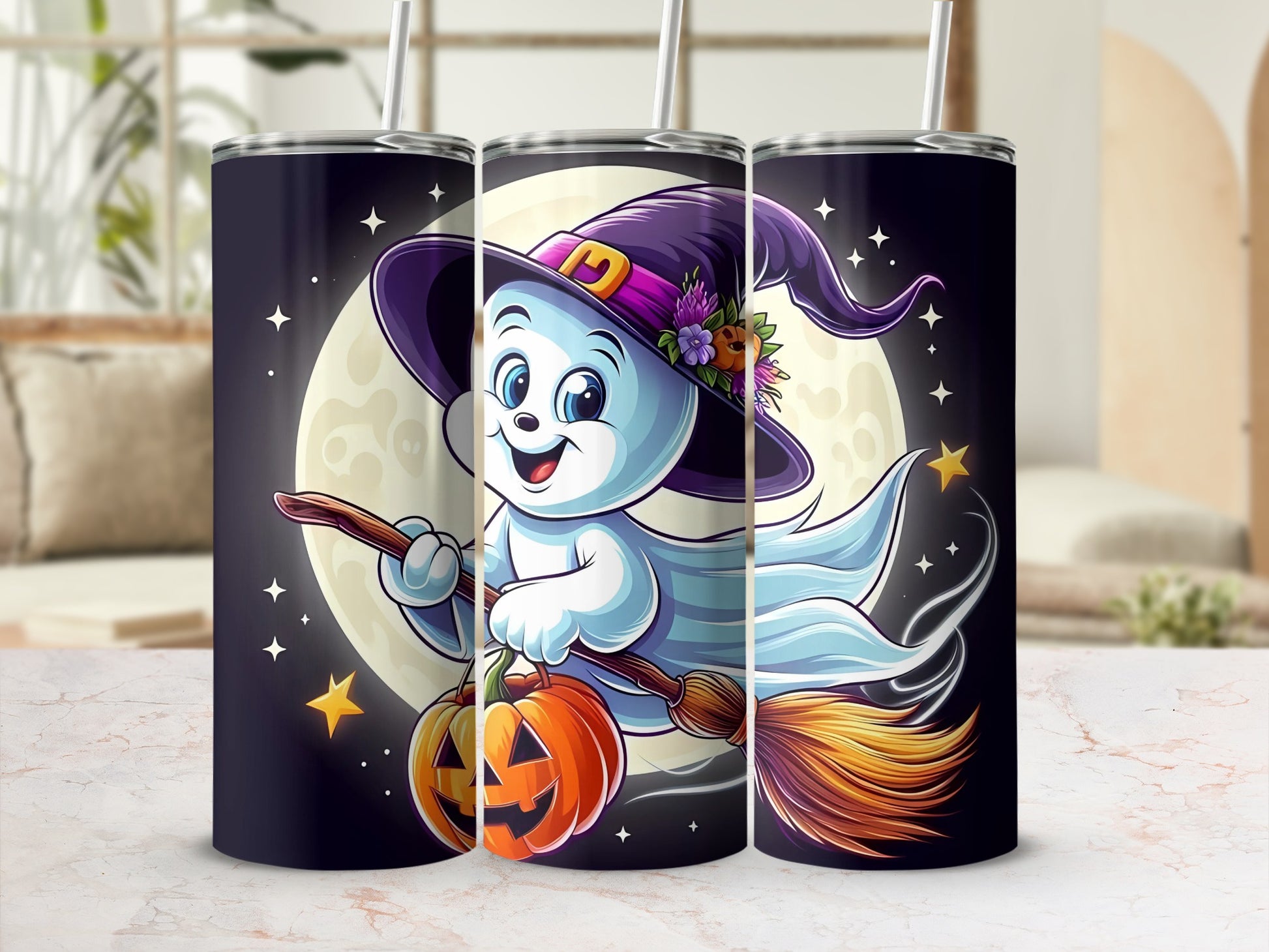 Ghost on a broomstick with pumpkin and full moon Halloween design on tumblers.