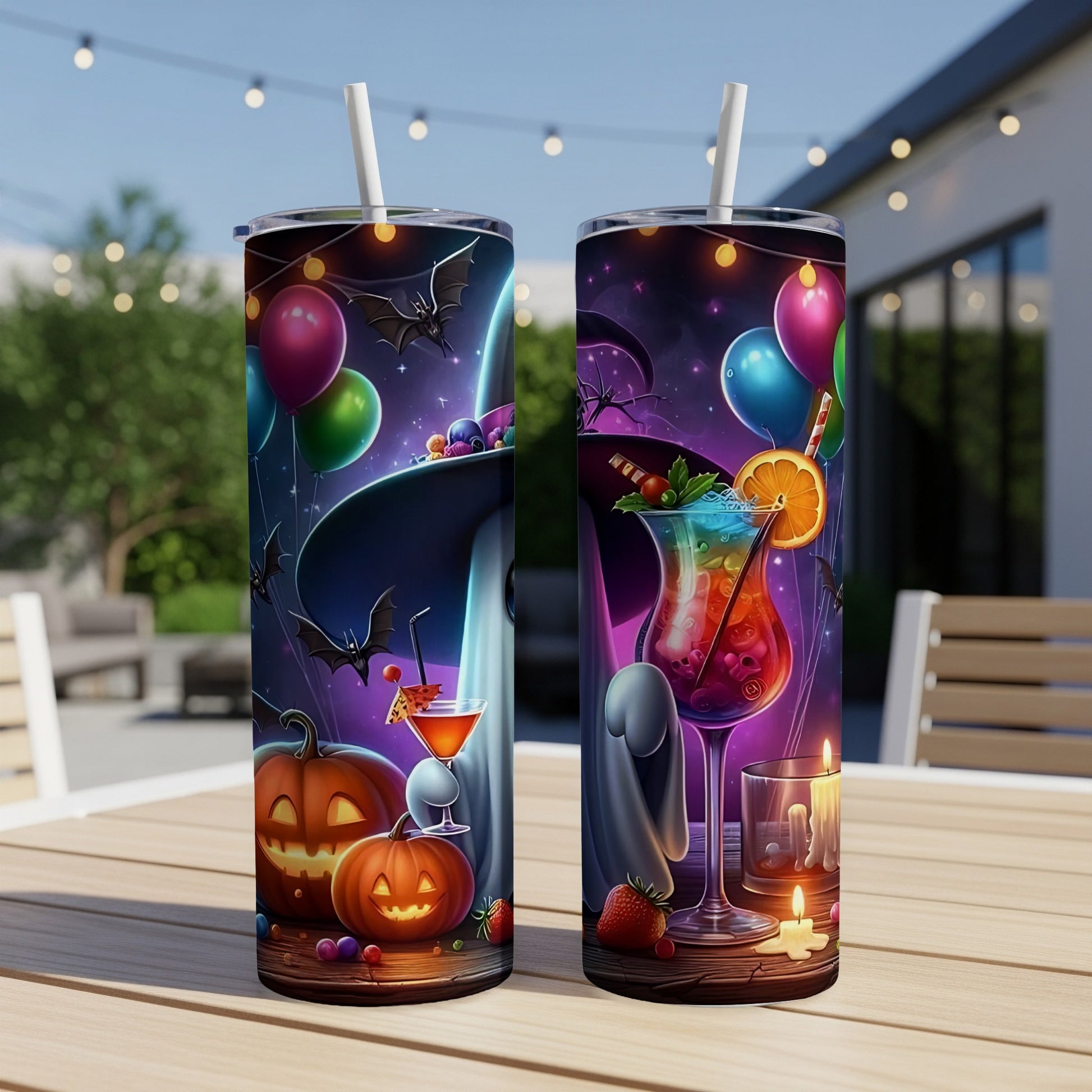 Two tumblers with Halloween designs featuring pumpkins, cocktails, bats, balloons, and ghosts.