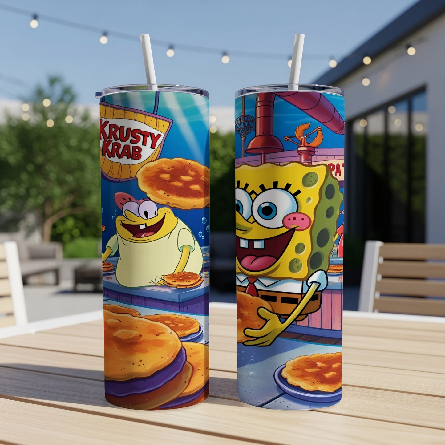 SpongeBob and Mr. Krabs at the Krusty Krab restaurant.