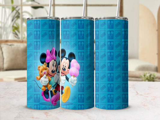 Mickey Mouse and Minnie Mouse on blue tumbler with repeated Mickey Mouse pattern.