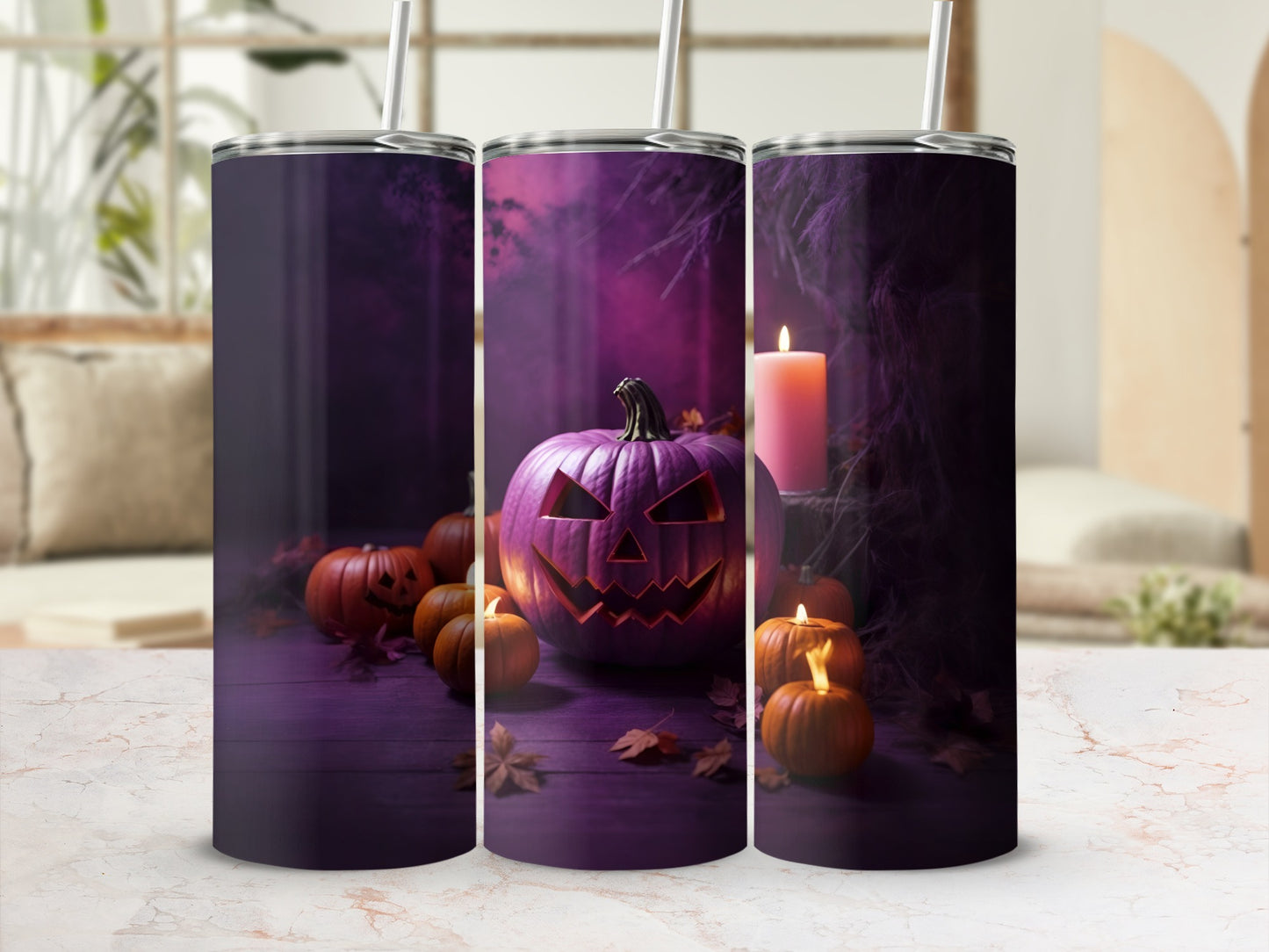 Halloween tumbler with glowing pumpkins and candle on purple wood.