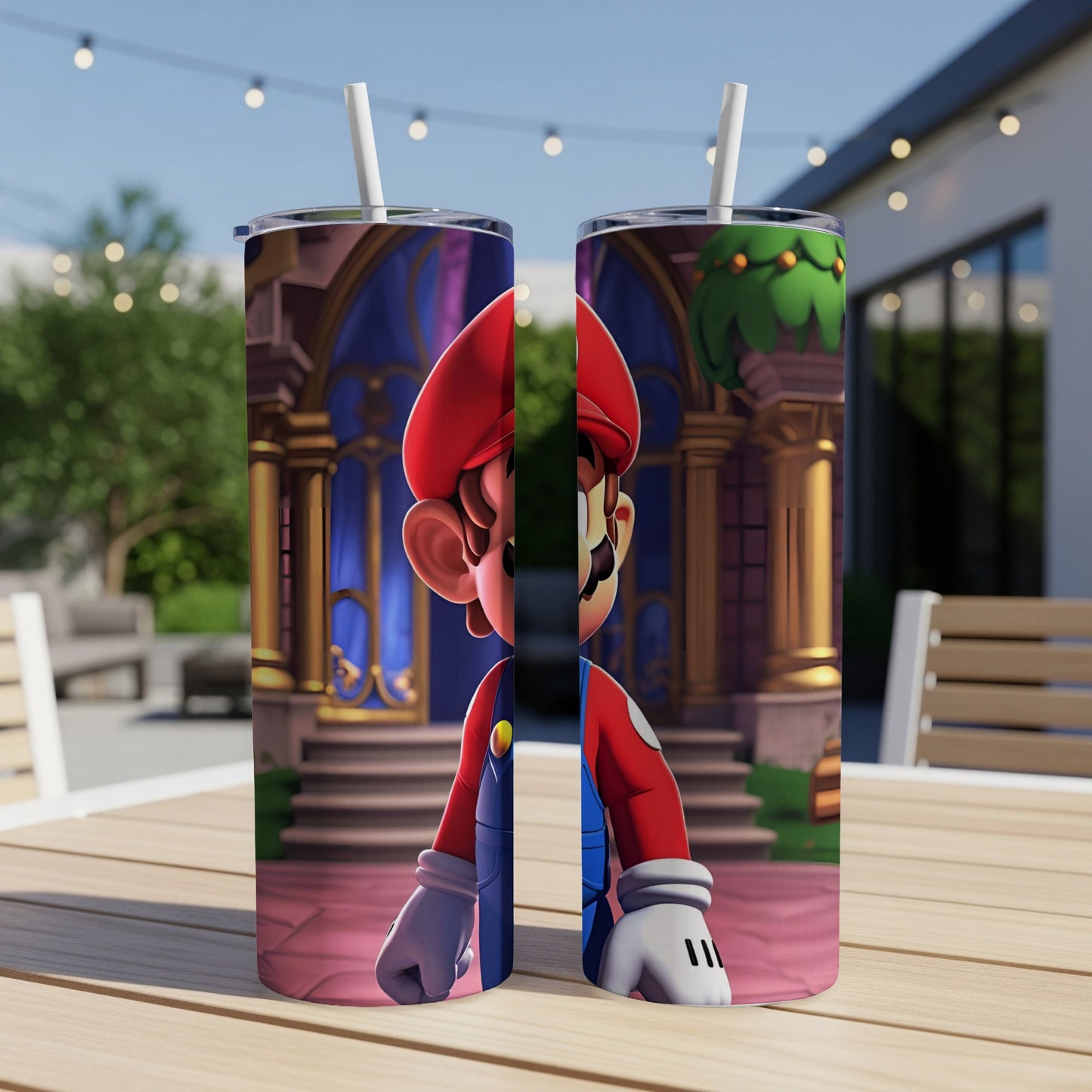 Mario character art on a skinny tumbler with straw, outdoors.