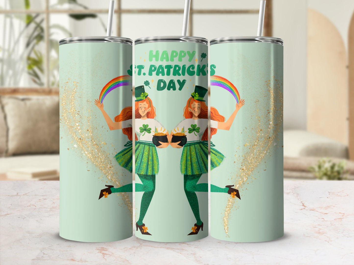 St. Patrick's Day tumbler with shamrocks, rainbows, and leprechauns.