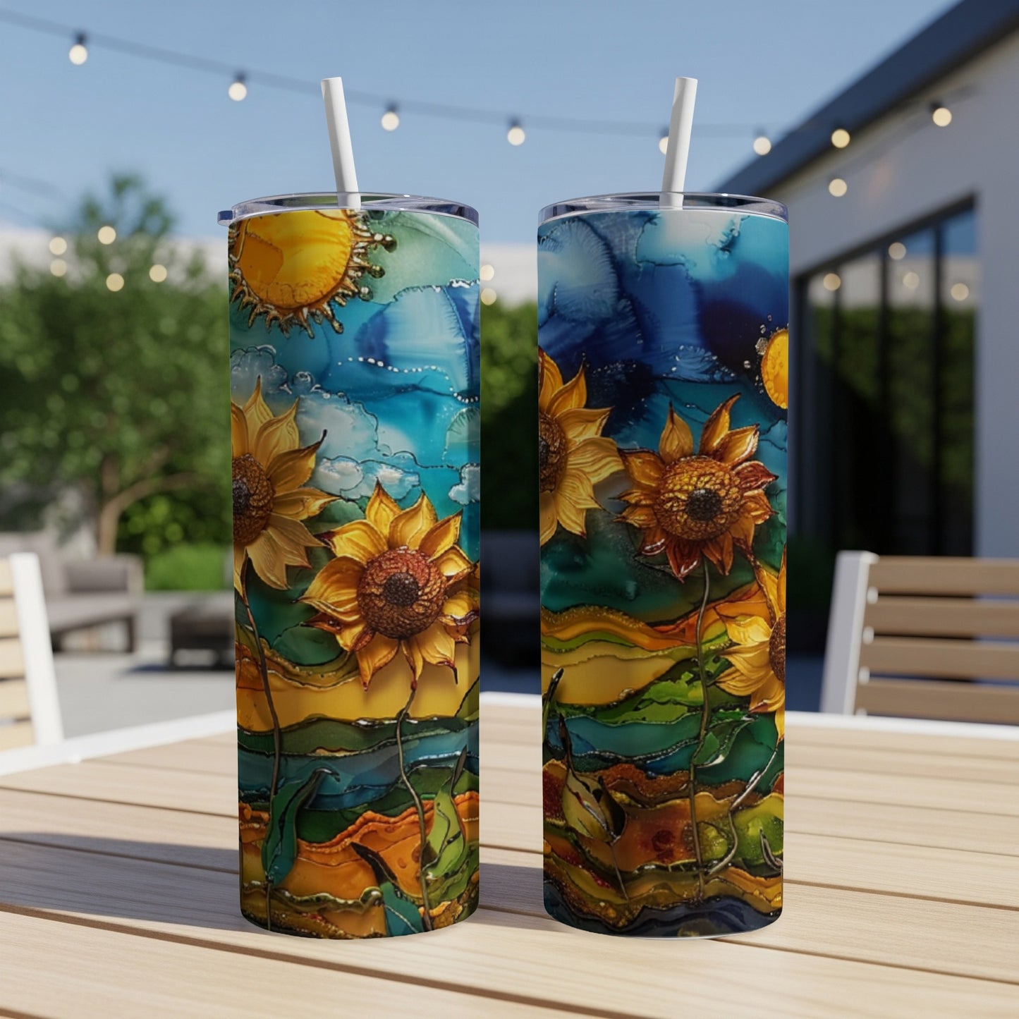 Two tumblers featuring a vibrant, colorful sunflower and landscape design.