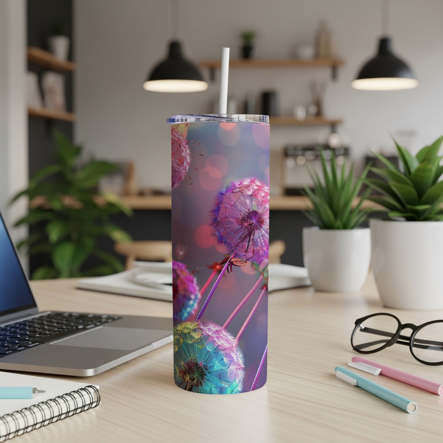 Dandelion design on a stainless steel tumbler with straw.