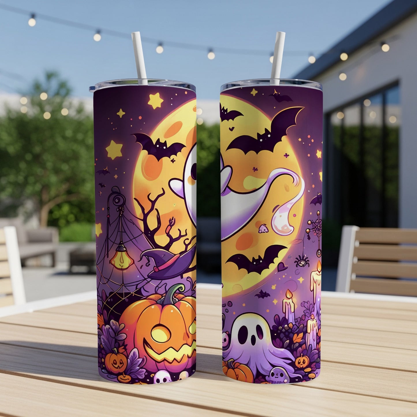 Halloween tumblers with pumpkins, ghosts, bats, and a full moon design.