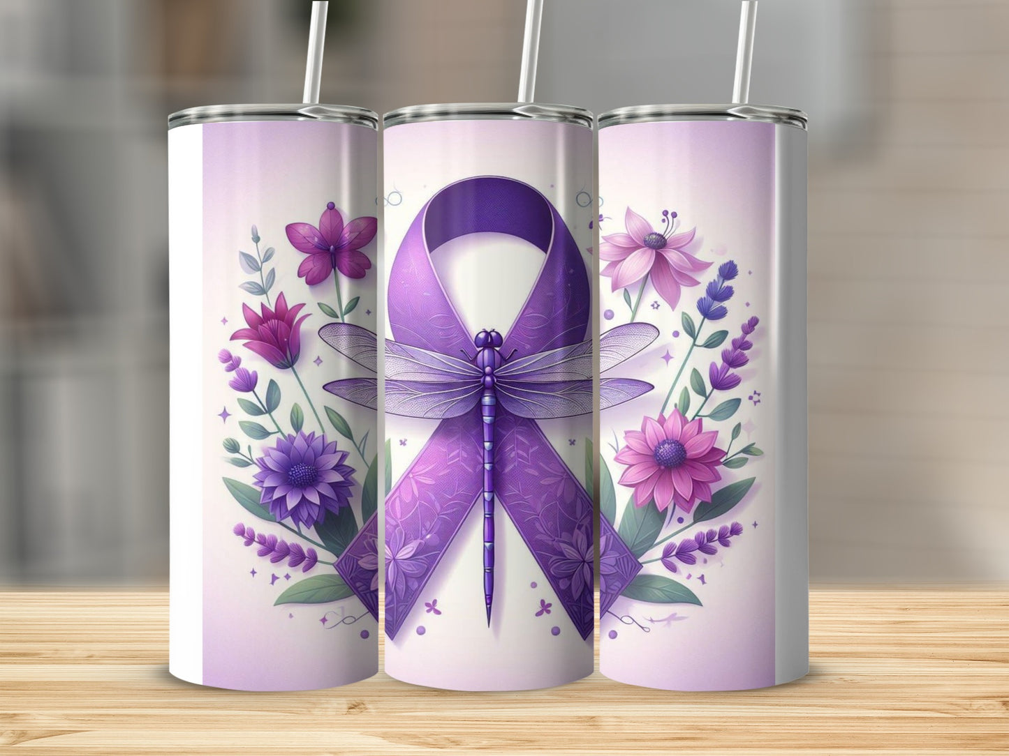 Purple Dragonfly and Floral Print Tumbler Product