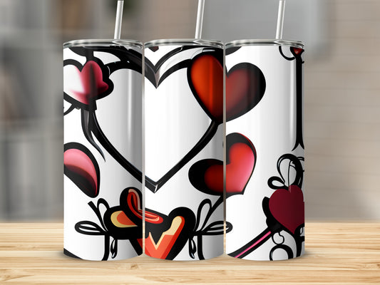 Three white tumblers with a repeating heart pattern and red accents.