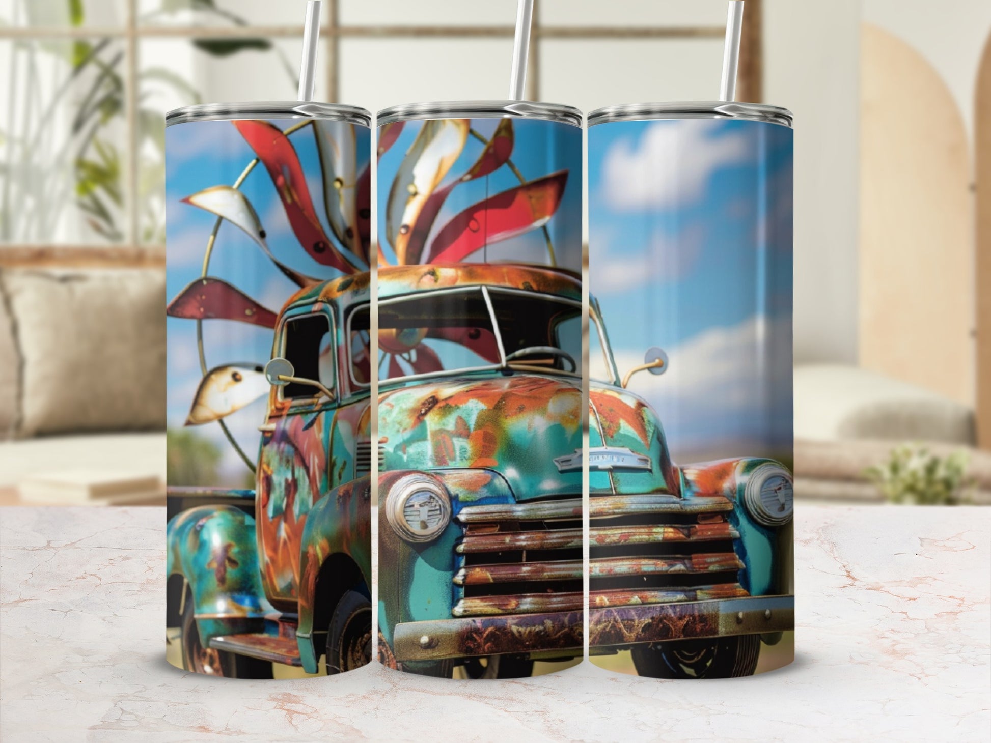 Rusty vintage truck with colorful windmill, standing on a table.