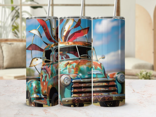 Rusty vintage truck with colorful windmill, standing on a table.
