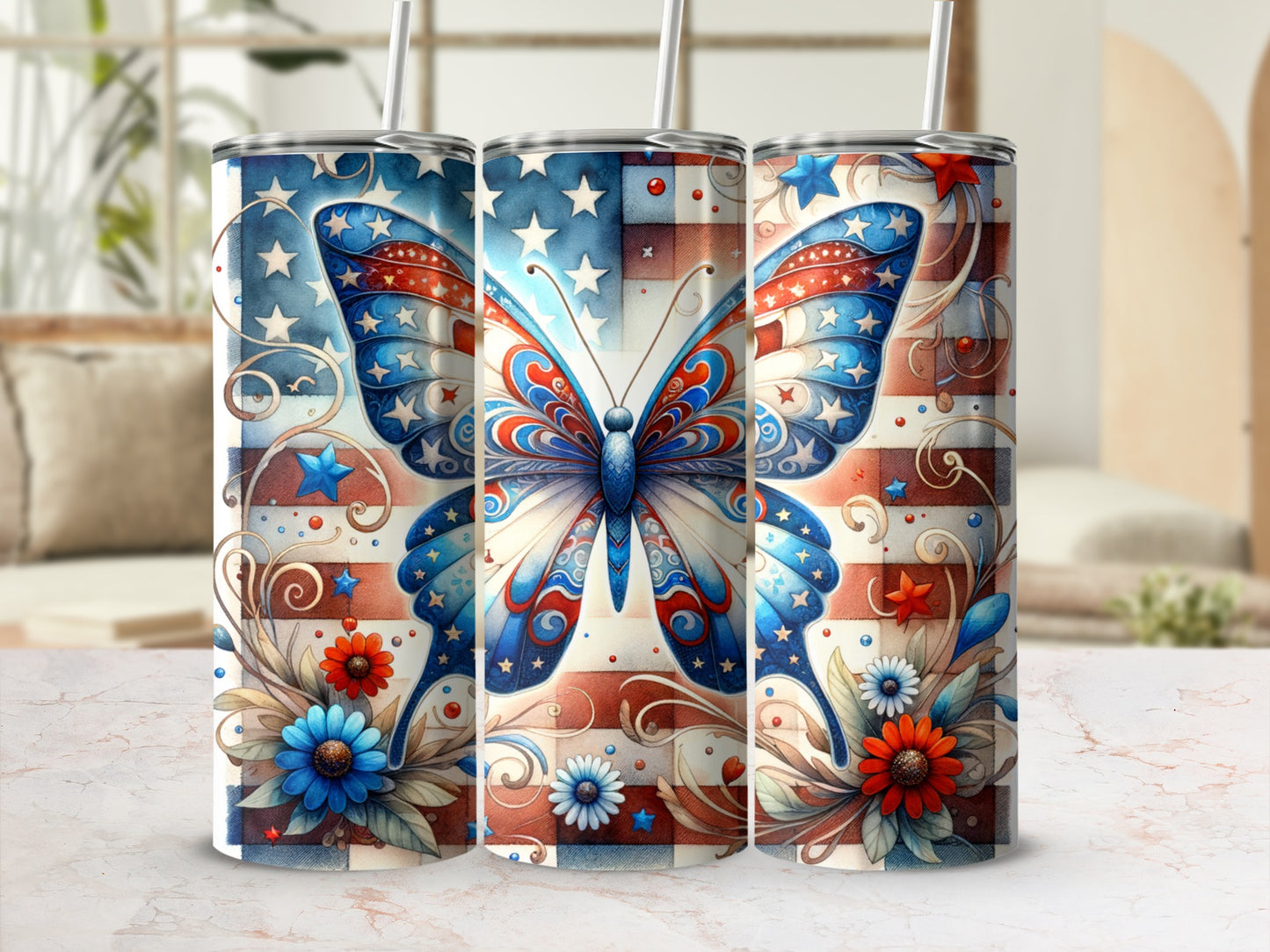 Triptych of patriotic butterfly tumblers with floral accents and American flag design.