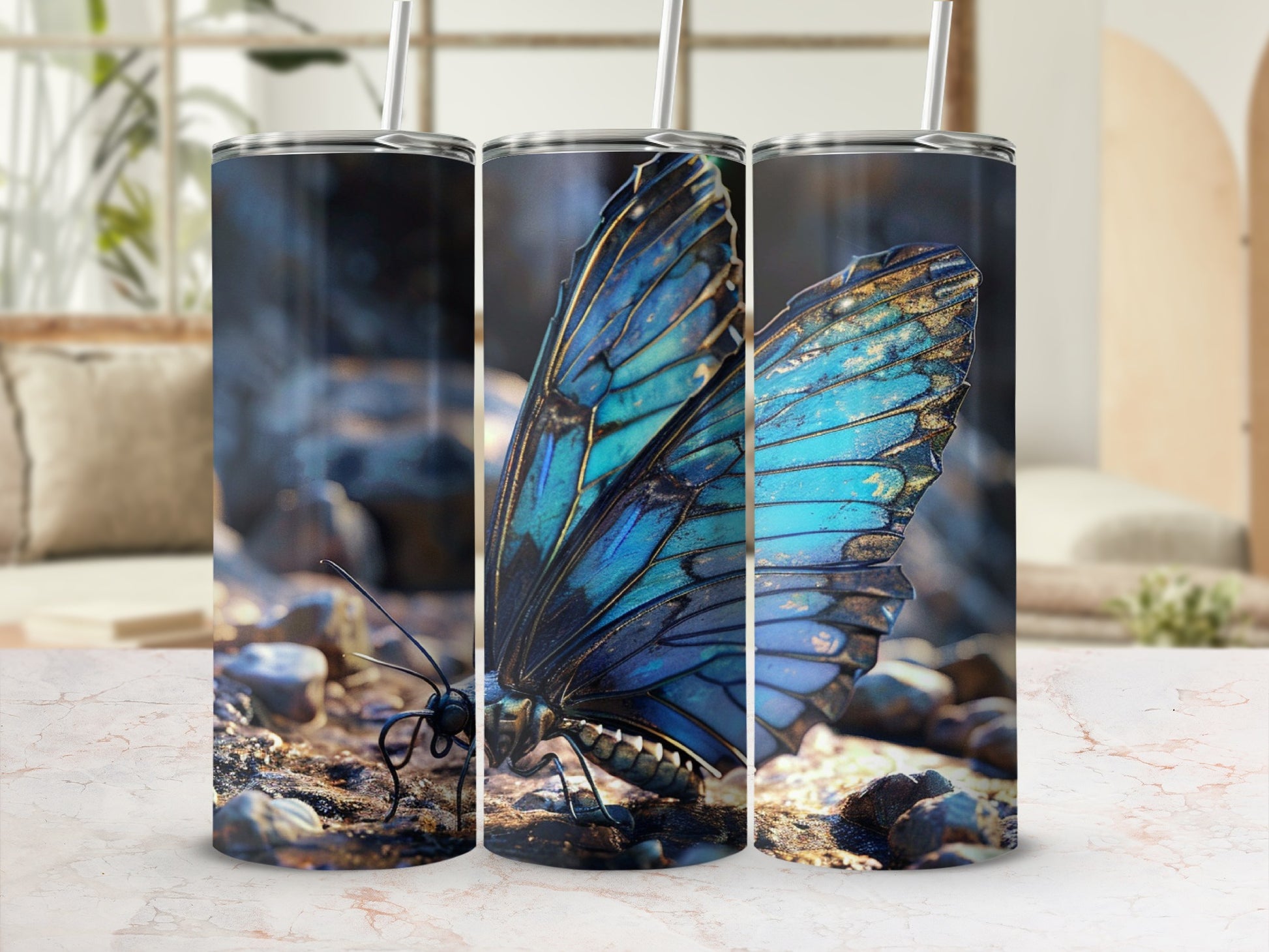 Close-up of a vibrant blue butterfly with intricate wing patterns on rocky ground.