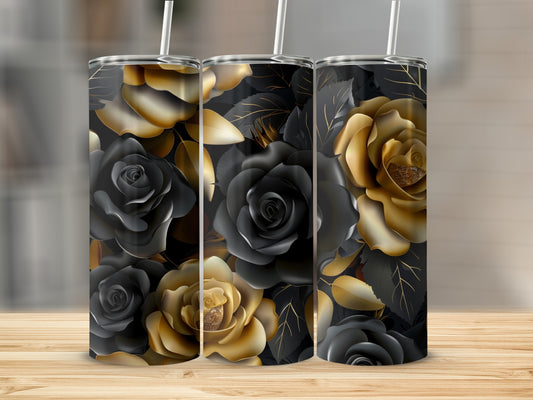 Three tumblers with black and gold rose floral design.
