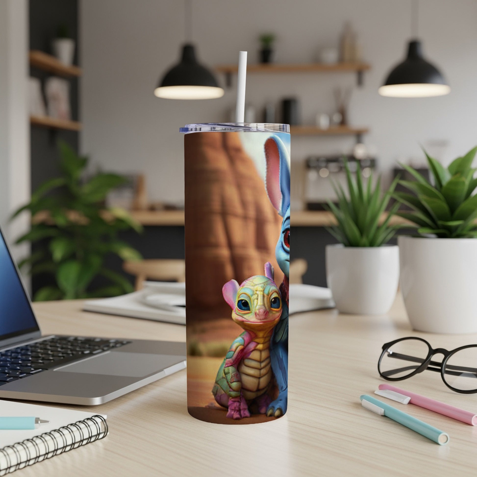 Stitch and Angel characters on a tumbler with a straw.