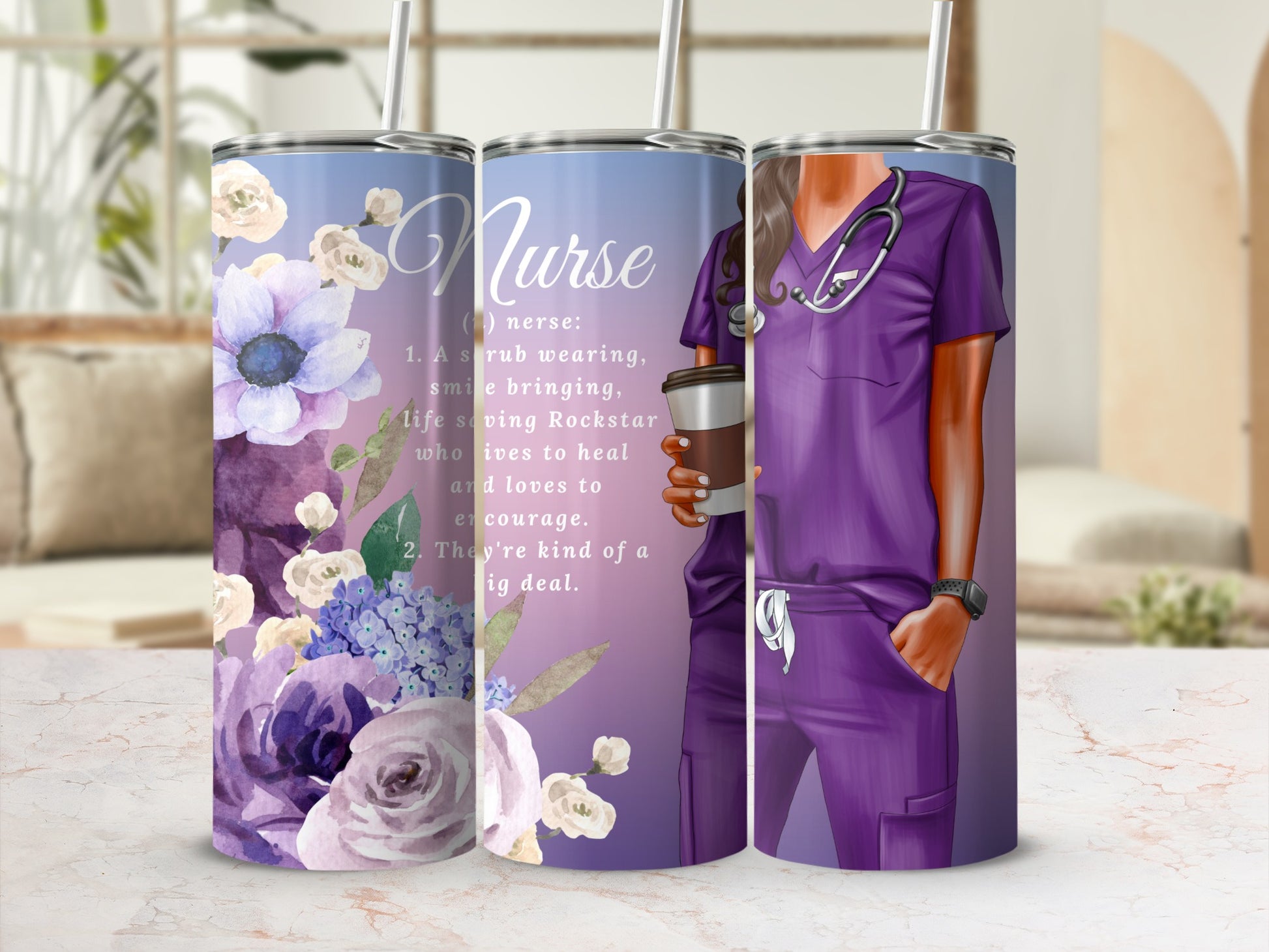 Purple floral tumbler with nurse definition and illustration of nurse in scrubs.