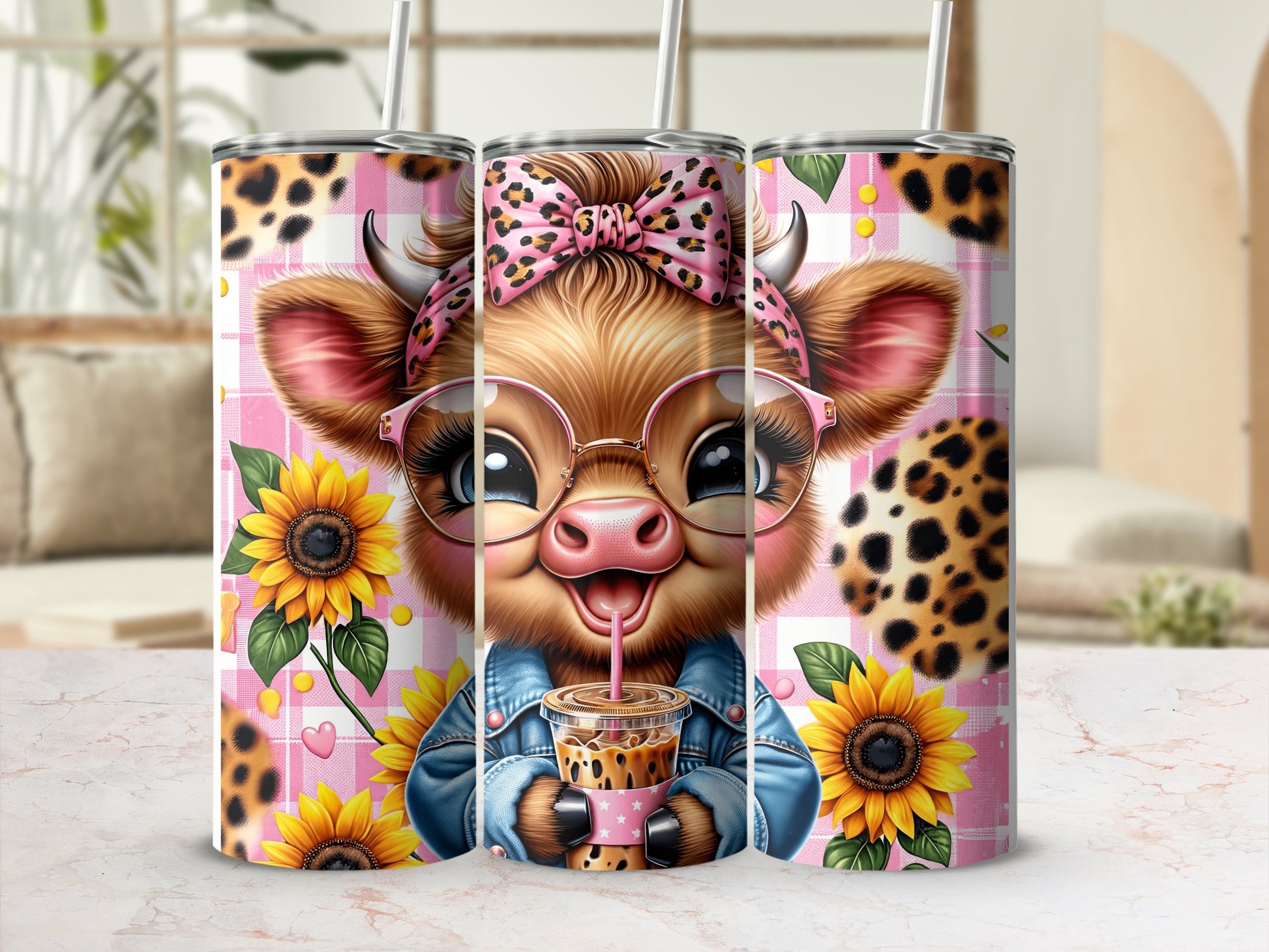 Cute cartoon cow with sunglasses and coffee cup, floral and leopard print.