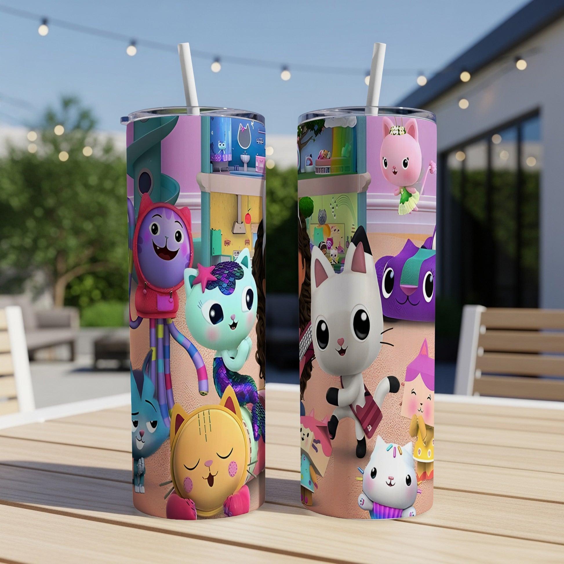 Gabby's Dollhouse characters on two tumblers with straws.